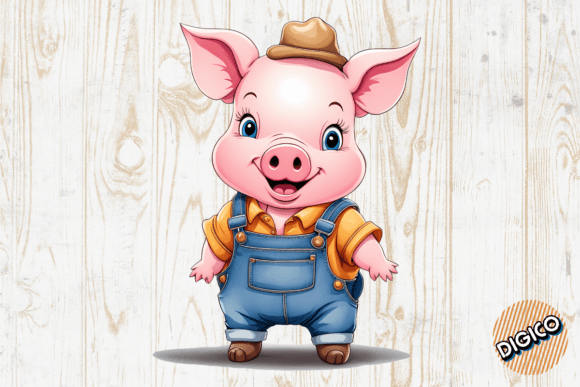 Download Cute Cartoon Baby Pig in Denim Overall - Cartoon Collection